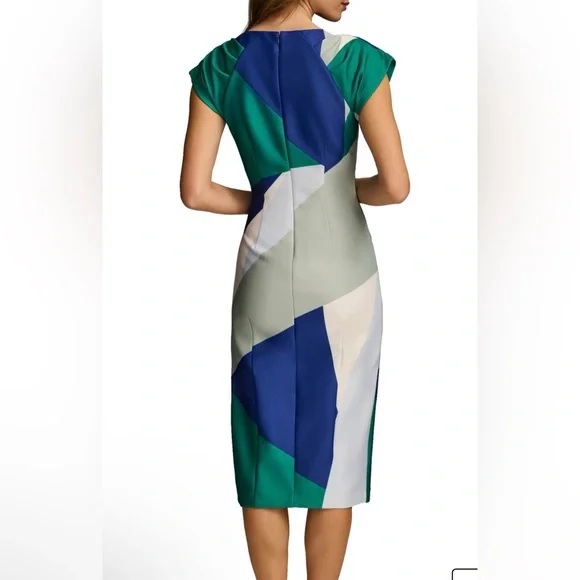 Donna Karan Blue, Green & Cream Geometric Sheath Midi Dress - Picture 2 of 7